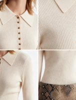 Pull Polo Tricoté Femme Manches Longues Côtelé 100% Coton Décontracté Coupe Ajustée Col Revers Boutonné Élégant Basique Personnalisé OEM ODM