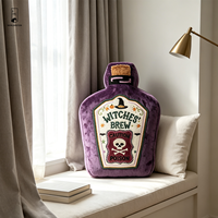 Coussin en peluche doux en forme de bouteille de potion de sorcière violette avec étiquette brodée, décoration d'Halloween pour la maison