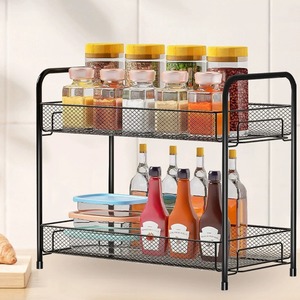 Double Layer <b>Spice</b> Rack Black Metal Kitchen Countertop <b>Storage</b> Organizer No Drill Required Durable Seasoning Rack L Size - Product Image 1