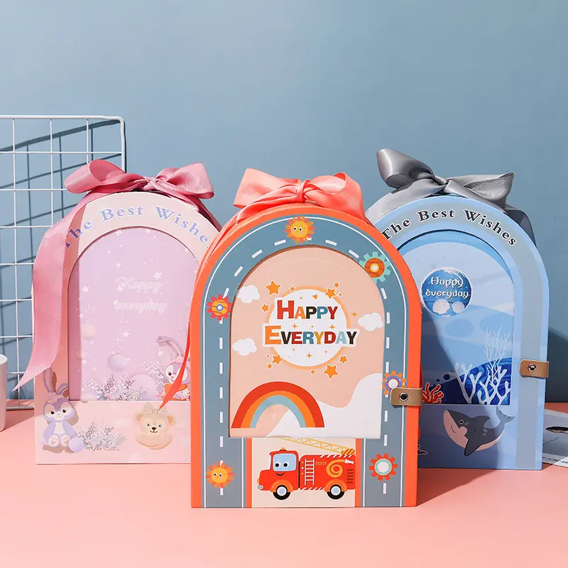 Scatola di carta per imballaggio regalo per bambini vuota a forma di casa dei sogni per confezione regalo di compleanno per bambini appena nati con decorazione a nastro