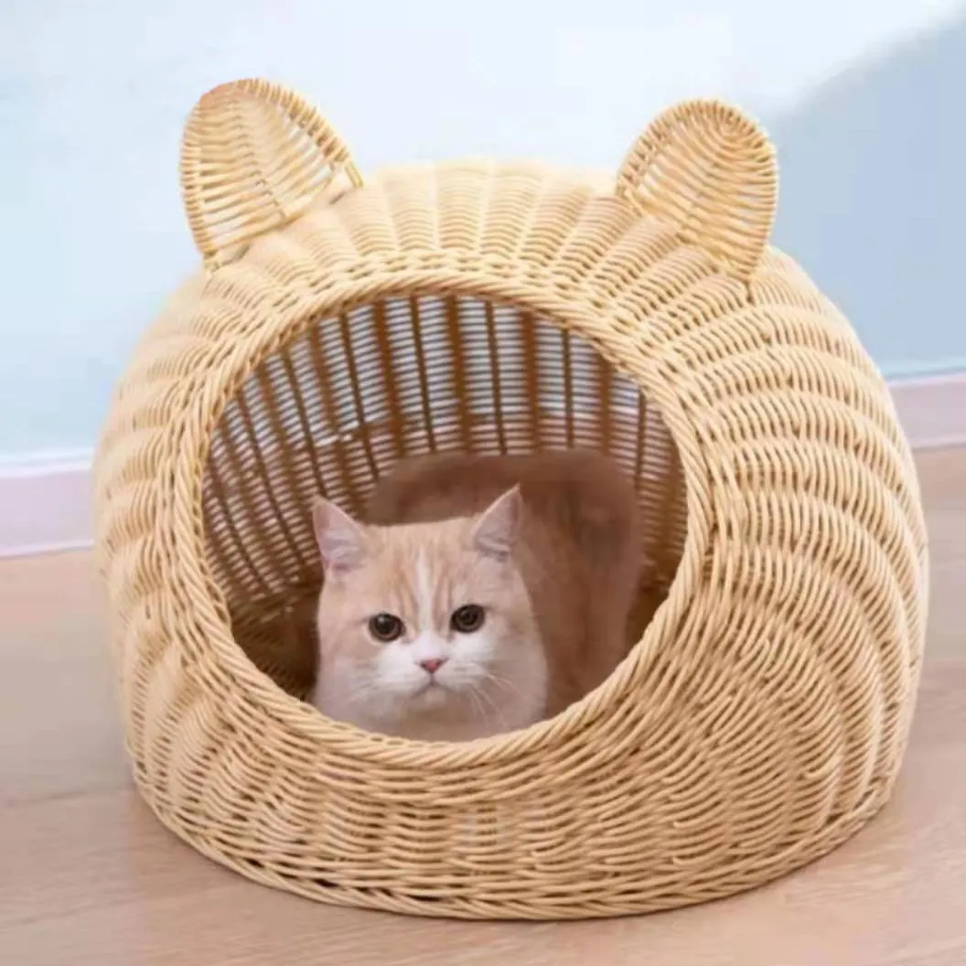 Custom Portable Breathable PP Rattan Pet Basket Bed, Indoor Portable Cat Basket Bed House