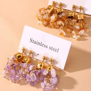 Boucles d'oreilles rétro françaises en acier inoxydable plaqué or 18 carats, motif muguet, avec pierre de cristal naturelle et pampille florale, bijoux pour femme - Product Image 1