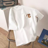 T-shirt blanc en coton à manches courtes et épaules droites pour femme ; Haut de base d'été à col rond ; Coupe ample grande taille 3D