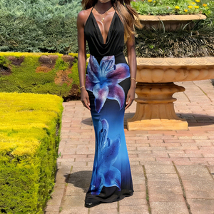 เดรสยาวลายดอกไม้สไตล์วันหยุดฤดูร้อน คอวี แต่งผ้าแบบแพทช์เวิร์ค เปิดหลัง เซ็กซี่  รัดเอว - Product Image 5