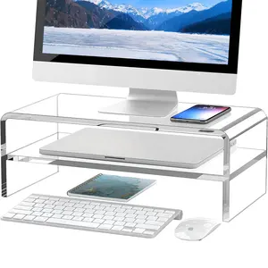 Suporte acrílico para monitor Riser 2 camadas, prateleira organizadora transparente para laptop, mesa de computador para escritório e armazenamento multimídia, 5.12 polegadas