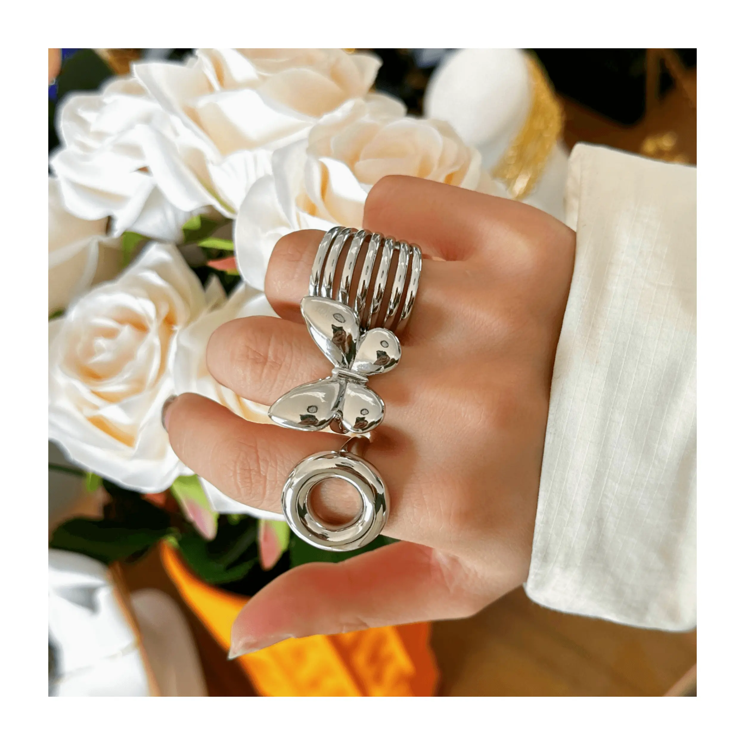 Groothandel Vinger Chunky Gladde Ringen Nieuw Ontwerp Vlinder Strik Vorm Koper Met 925 Verzilverde Sieraden Ringen Set Vrouwen Luxe