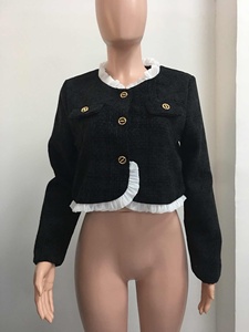 Women's Cropped Contrast Ruffle Trim Round Neck Button Front Casual Formal <b>Top</b> <b>Coat</b> Fashion - Product Image 4