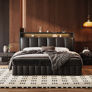 Cama de Cuero Multifuncional Moderna y Minimalista con Teclado de Piano, Cama Alta con Almacenamiento para Dormitorio, Cama Doble - Product Image 1