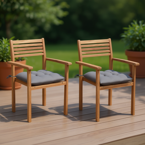 Ensemble de 2 chaises de jardin en teck avec coussins gris, mobilier d'extérieur en bois au design contemporain pour patio ou cour - Product Image 2