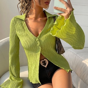 Model Blouse Design Flounce Sleeve Lettuce Trim Blouse V Neck New Clothing Custom Summer <strong>Top</strong> - Product Image 1