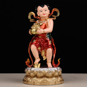 Estatua de Buda Bodhisattva Guanyin de Jade Dorado, Niño Dragón y Niña Dragón, Tallada Semimecánica Izquierda/Derecha, para Culto en el Hogar - Product Image 2