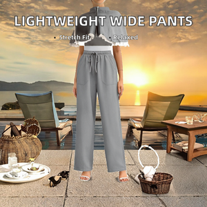 Pantalones Casuales de Verano para Mujer, Ligeros, de Cintura Media, Elásticos, Holgados, de Pierna Ancha, Frente Plano, Antipilling, Estilo Palazzo para Playa y Descanso - Product Image 2