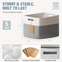 Lot de 5 paniers de rangement en corde de coton tressée avec poignées, design rectangulaire pour l'organisation du placard, du garde-manger et de la salle de bain - Gris et blanc