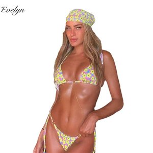 EVELYN OEM ODM Sexy bedruckter rücken freier geteilter Badeanzug Damen-Schnür-Drei-Ring-Bikini für Damen - Product Image 5