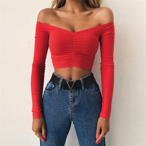 <strong>T</strong> <strong>Shirt</strong> Women Casual off Shoulder <strong>Long</strong> Sleeve Crop Top Bandage Slim <strong>Ladies</strong> Tunique Femme Elegant Club Tops Tee - Product Image 1