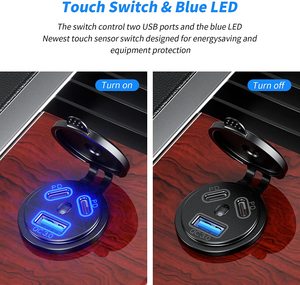 Enchufe de cargador de coche de 3 puertos Dual 45W PD tipo C y 18W QC 3,0 con voltímetro e interruptor de botón para 12V/24V coche barco marino ATV RV - Product Image 5