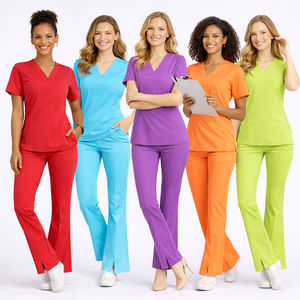 Nouvel arrivage : Ensembles d'uniformes médicaux pour femmes en tissu extensible 4 directions, col en V, <span class=keywords><strong>pantalon</strong></span> évasé – Tenues médicales et de salon de beauté pour femmes - Product Image 4