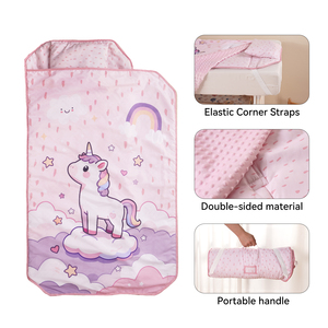 Tapis de sieste personnalisé pour garderie avec sangles élastiques pour <span class=keywords><strong>lit</strong></span> de crèche, couverture et oreiller en minky, matelas de sommeil licorne rose pour filles - Product Image 2