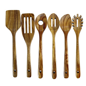 Wooden Kitchen Utensil Set 6 Pieces Teak Spatulas Spoon Pasta Ladle Cooking Tools Food Safe Hand Wash Only - Product Image 1