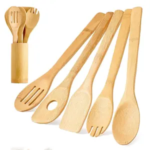 Bamboo Wooden Spoons For Cooking 6-Piece Apartment Essentials Wood Spatula Spoon Nonstick Kitchen Utensil Set