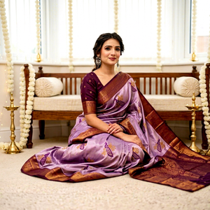Sari de Seda Morado AARA Fashion con Motivo de Pavo Real y Borde Dorado, Traje Tradicional de Boda, Largo hasta el Suelo, para Mujeres de India y Pakistán - Product Image 1