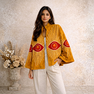 Veste Bohème Premium Faite Main pour Femme en Velours Moutarde avec Broderie Unique Motif Œil Turc, Idéale pour Festivals et Soirées - Product Image 1