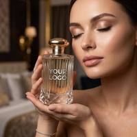 Eau de parfum liquide de luxe à étiquette privée, logo personnalisé, parfum élégant, flacon en verre côtelé, senteur bois de santal, spray longue durée