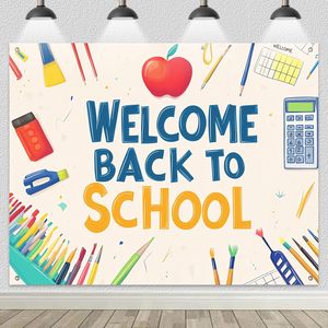 Fondo fotográfico de bienvenida de regreso a la escuela, decoración de pancarta para fiesta con motivos de manzanas y útiles escolares, personalizable - Product Image 1