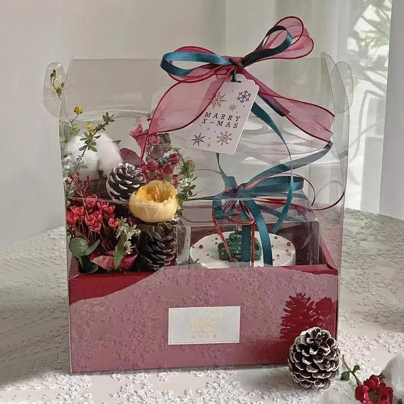 Cajas Para Flores Custom Cake Flower Geschenk box mit klarem Fenster griff für Valentinstag Geschenks trauß und Kuchen paket