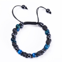Bracelet de protection triple en gros, double rangée de perles en œil de tigre bleu, pierre de lave et hématite, bijoux de guérison ajustables en macramé