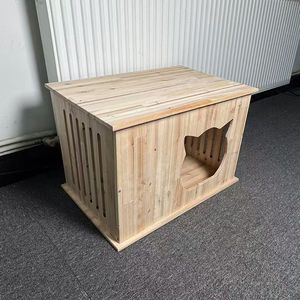 Nichoir pour animaux de compagnie en bois de sapin naturel, grotte fermée pour chat avec étagère supérieure, vente directe usine, personnalisation du logo, MOQ 1 pièce - Product Image 1