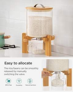Conteneur alimentaire en verre de 5L et 8L pour farine, céréales, riz avec support en bambou et tasse à mesurer - Product Image 4