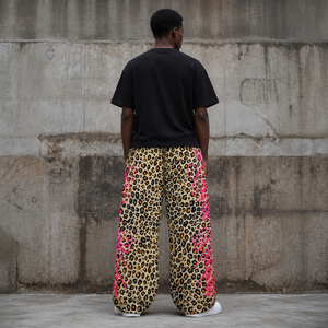 <span class=keywords><strong>Pantaloni</strong></span> Capri da <span class=keywords><strong>Uomo</strong></span> Y2K a Gamba Larga in Cotone 100% di Alta Qualità, Traspiranti, Lavorati a Maglia, con Stampa Leopardata e Scritta Rosa, Vita Elastica, Pesanti - Product Image 2