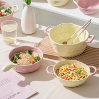 Bol à soupe en céramique binaurale avec poignée, compatible micro-ondes, style pastoral, design vintage de luxe léger