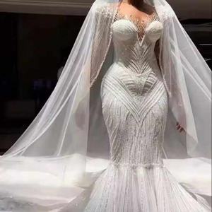 <span class=keywords><strong>2025</strong></span> Afrikaanse Luxe Custom Kralen Kanten Trouwjurk Kristal & Arabische Parels Zeemeermin Jurk Lange Mouw 3d Bloementrein Bruids - Product Image 6