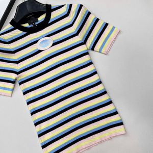 Women Multicolor Stripe Ribbed Knit <b>T</b> Shirt with Chest Cutout Short Sleeve Casual Top - Product Image 6