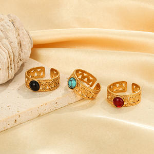 Simple estilo INS piedra natural piedra preciosa hueco ajustable anillo abierto 18K oro galvanizado Acero inoxidable al por mayor - Product Image 5