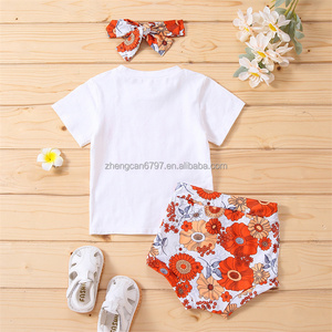 Abiti personalizzati per ragazze per 14 <span class=keywords><strong>anni</strong></span> vestiti estivi per bambini lavorati a maglia lettera pantaloncini a fiori a maniche corte abiti di qualità per bambini - Product Image 4