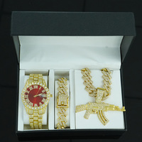 Ensemble Montre, Bracelet et Collier Unisexe Hip Hop Plaqué Or en Alliage de Zinc avec Chaîne à Maillons – Vente Flash