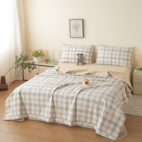 Ensemble de couette d'été en coton 100% et fibres de soja, gris à carreaux, matelassé, 4 pièces