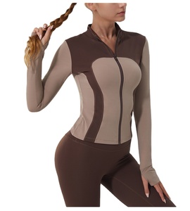 Women Color Blocking Gym <b>Yoga</b> Sport <b>Jacket</b> Skinny Fit Spandex/Nylon Long Sleeve Stand Collar Zipper Front Logo Quick Dry - Product Image 1