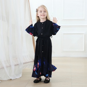 63740# Black Nida Floral Print Little Girl Dress Muslim Girls Abaya Clothing Kids Boutique Dresses - Product Image 1