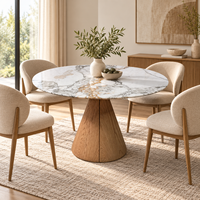 Table de salle à manger ronde en marbre Calacatta de 110 cm, table en pierre moderne avec piédestal en bois massif pour la maison et l'hôtel