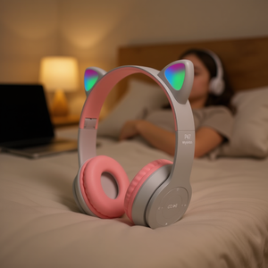 Casque sans fil Bluetooth Myrva Cat Ear P47, casque intelligent portable, lecteur de musique, design rose et gris - Product Image 2