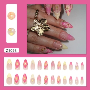 Juego de uñas acrílicas, prensa <span class=keywords><strong>francesa</strong></span> de almendra corta en las uñas, diseño Simple, flor amarilla y rosa, Uñas postizas diarias hechas a mano, <span class=keywords><strong>manicura</strong></span> - Product Image 2