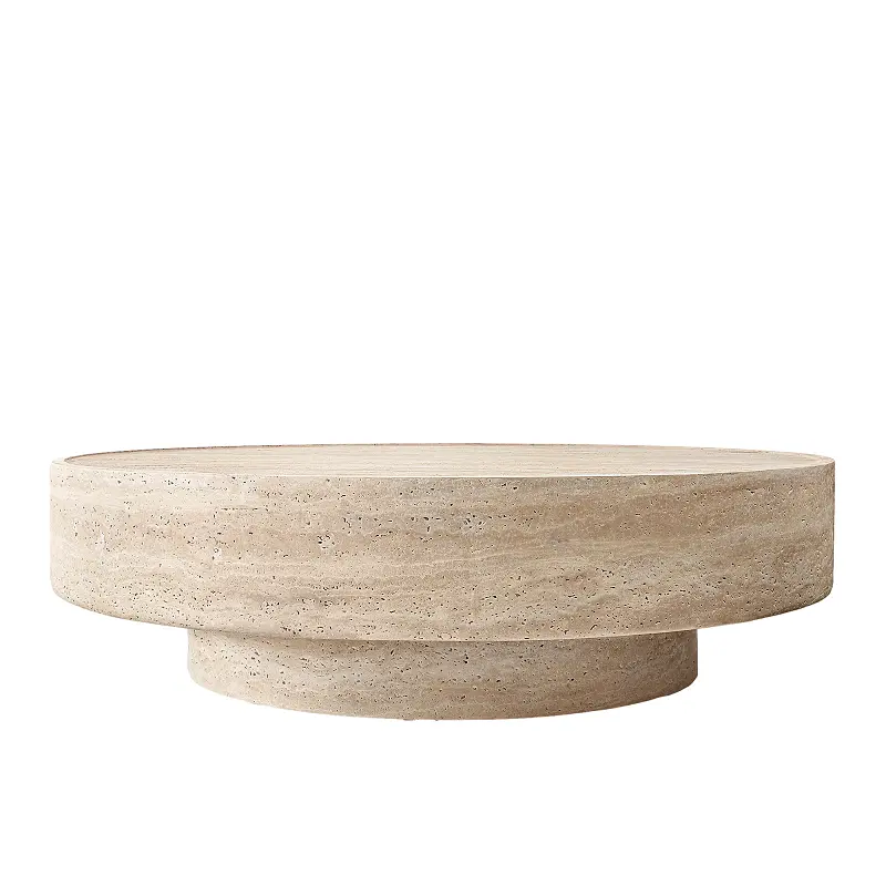 新しいデザインの素朴な丸いトラバーチンコーヒーテーブルわびさび風大理石丸いコーヒーテーブル