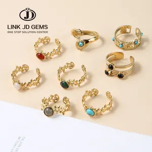 JD Wholesale Gold Plated Natural Gemstone Ring White Shell Agate Blue Turquoises Stainless Steel Open Ring for Women Gift