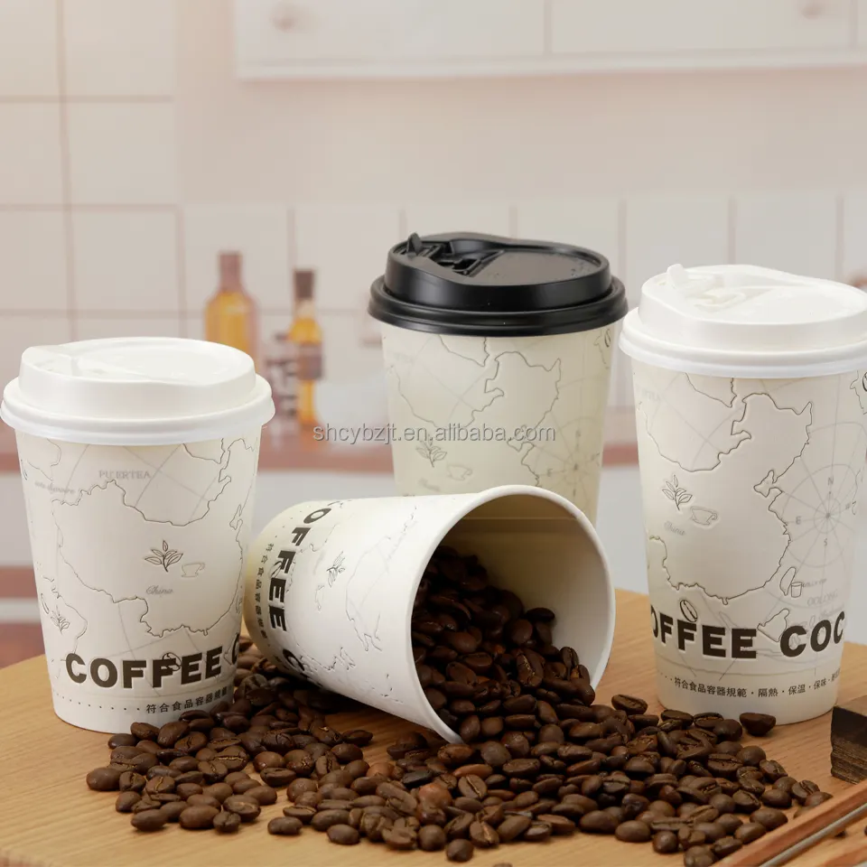 Ouble-taza de papel de pared con tapa, vasos de papel desechables para bebidas calientes, contenedores de comida personalizados de 8oz 12oz 16oz