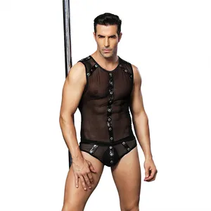 Los hombres Sexy camarero uniforme traje Sexy Lencería pura transparente ver-a través de cuerpo negro de papel juego de Club de noche 6621