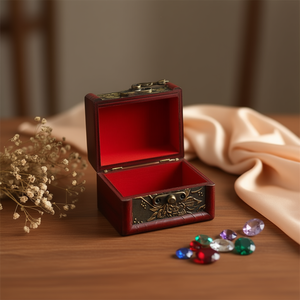 Vintage <b>Wooden</b> Jewelry Box Lockable Lidded Red Interior Floral Embossed Design For Storage Display D0100XUDNPW - Product Image 2